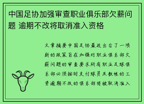 中国足协加强审查职业俱乐部欠薪问题 逾期不改将取消准入资格