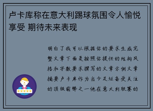卢卡库称在意大利踢球氛围令人愉悦享受 期待未来表现